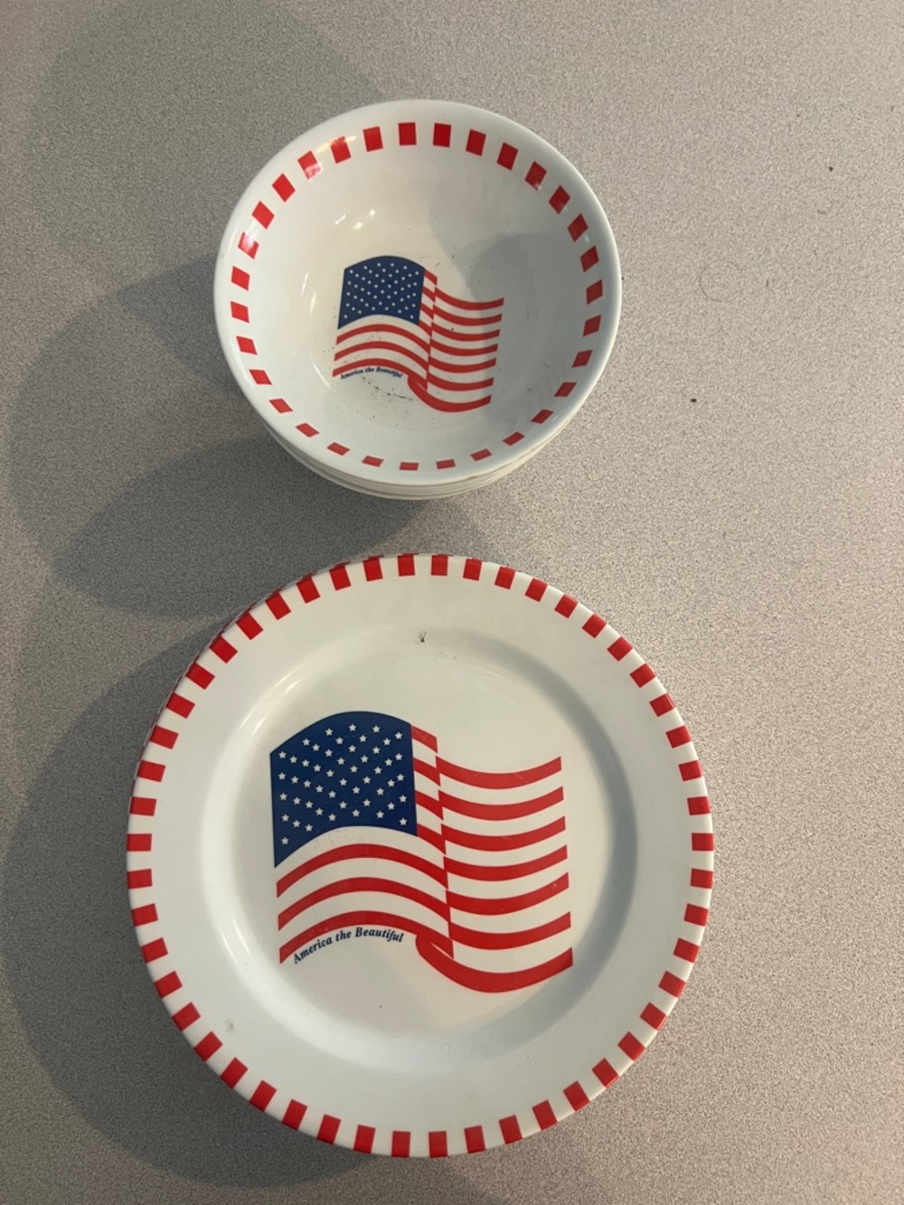 Patriotic Red White Melamine (12) Plates and (6) Bowl Set